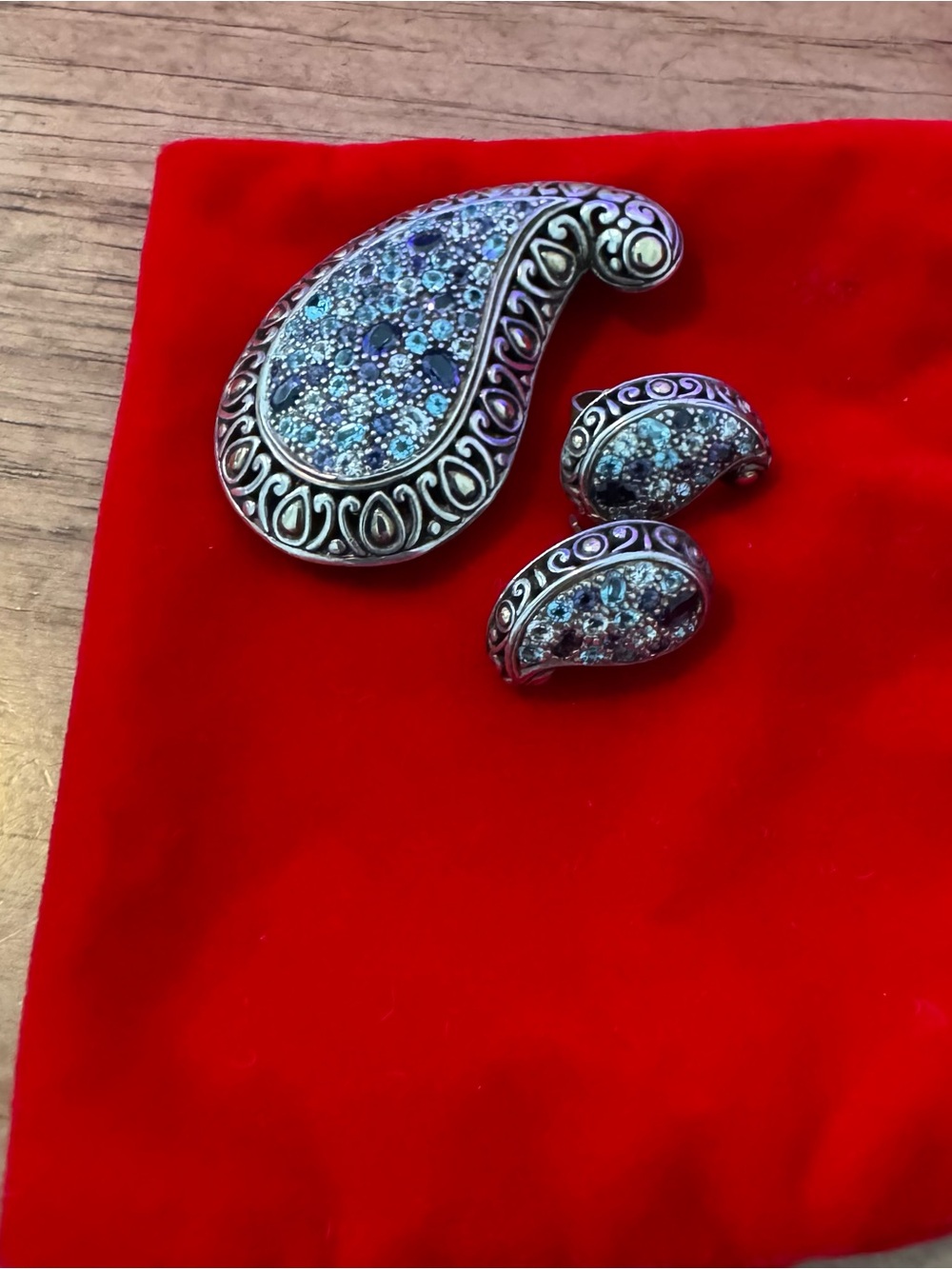 John Hardy Silver-Tone Paisley Brooch and Blue Crystal Clip-On Earrings